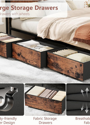 Queen Bed Frame with Headboard and 6 Drawers, Metal Platform Design with Charging Station, LED Lighting, and Two-Tier Shelf Storage - No Box Spring Required, Noise-Free, Rustic Brown Finish