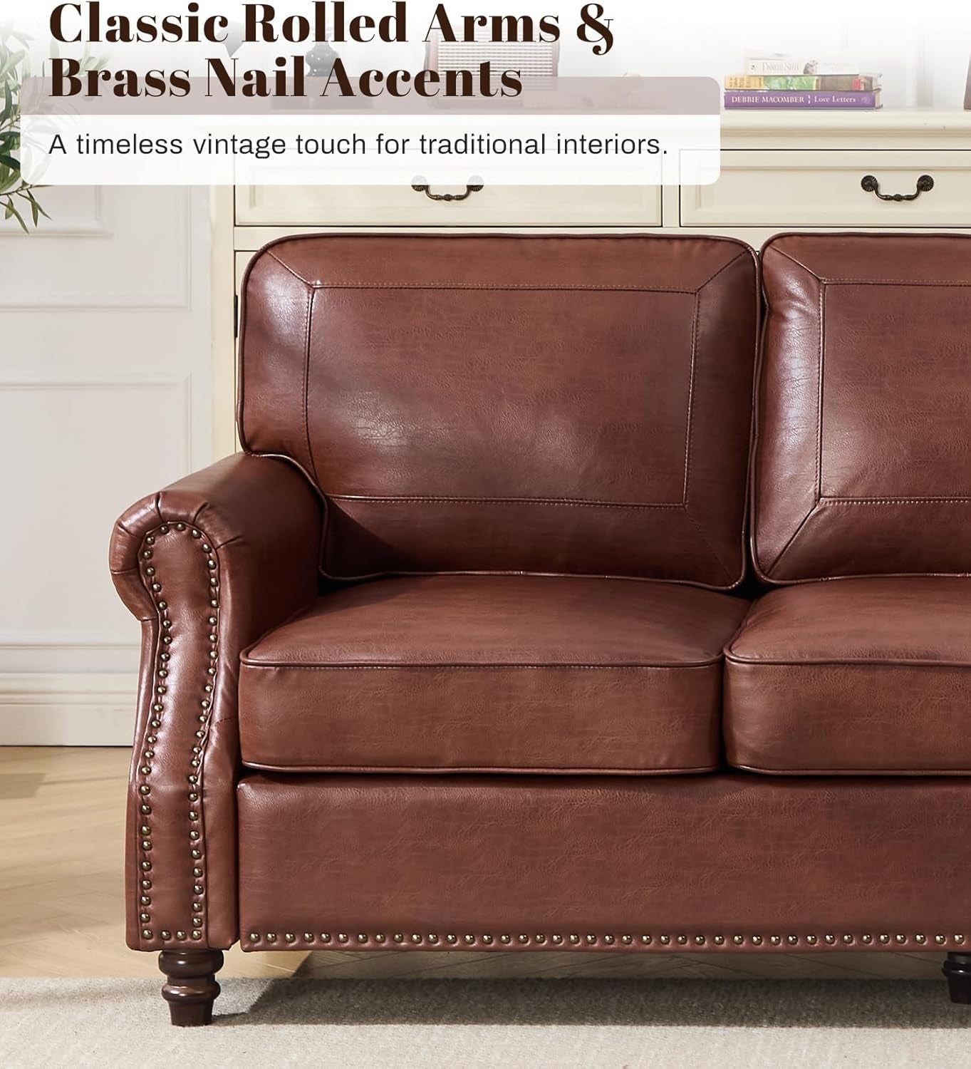 Mid-Century Modern Couch, Fux Lether Sof, 3 Seter Couch for Living Room with Rolled rms & Nilhed Trim, Drk Coffee