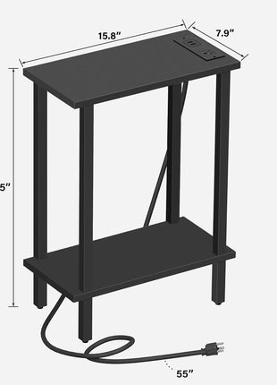 Set of 2 Compact End Tables with Integrated Charging Station, USB Ports, and Outlets - Sleek Sofa and Nightstand for Living Room and Bedroom, Black TB01BK0602
