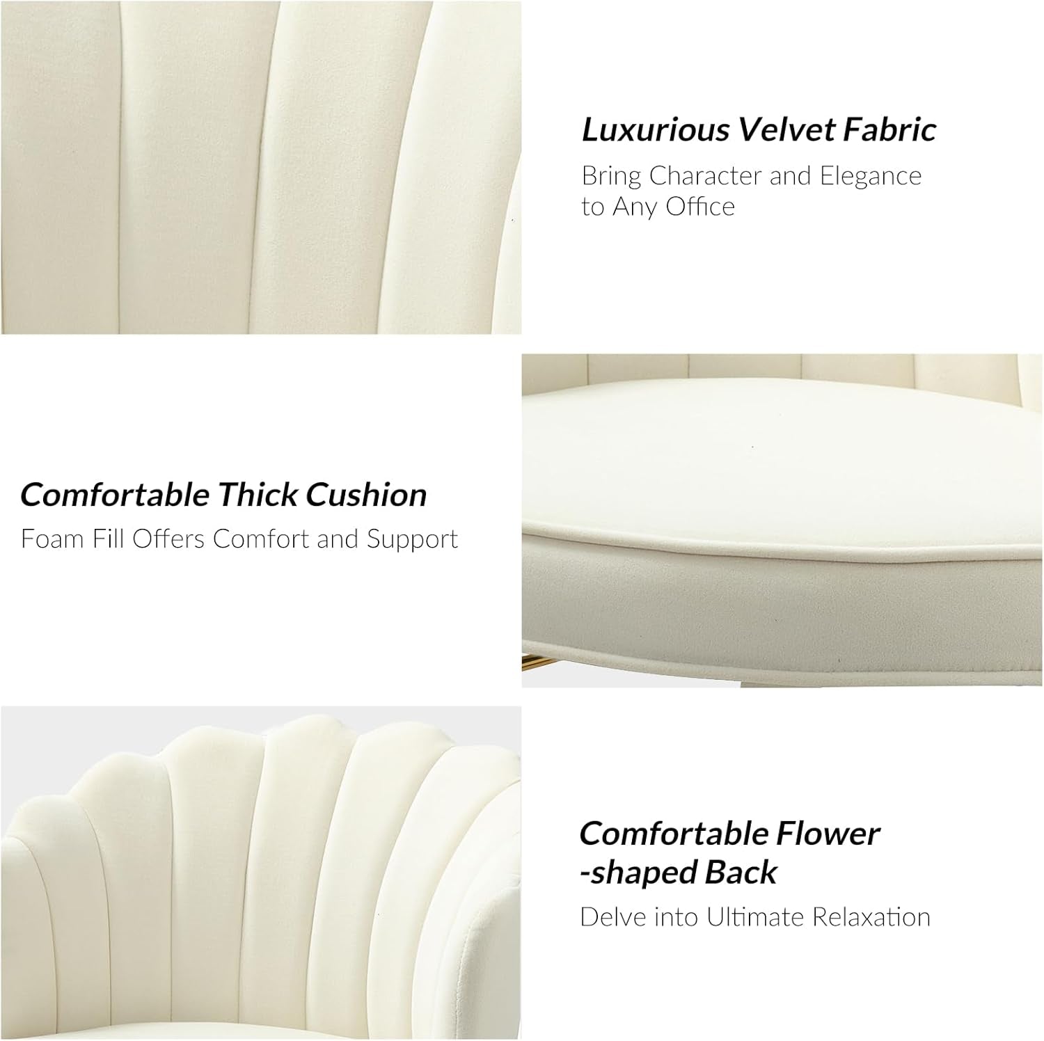 Velvet Home Office Desk Chair with Gold Base, Adjustable Swivel Task Chair for Vanity, Women'S Modern Cute Shell Back Upholstered Design, for Living Room, Ivory