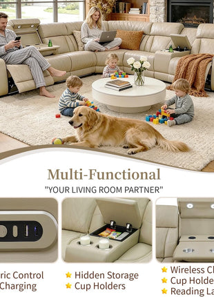 Luxury Leather Power Reclining Sectional Sofa Set with LED Lighting, USB Ports, and Storage Solutions for Modern Living Rooms and Home Theaters