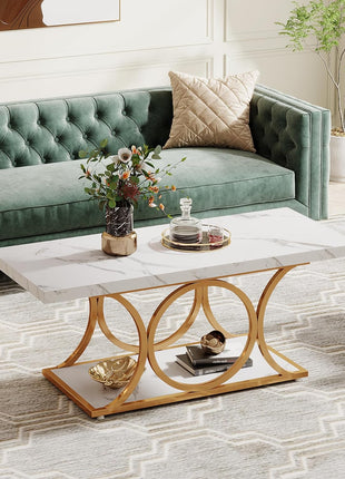 46.45” Contemporary Rectangle Coffee Table with Faux Marble Surface and Geometric Legs, Two-Tier Design Featuring Storage Shelf (White & Gold)