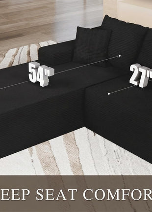 96-Inch L-Shaped Modular Sectional Sofa with Deep Seat Chaise | Boneless Cloud Couch in Soft Corduroy with Compressed Memory Foam | No Assembly Required | Ideal for Living Room, Apartment, or Bedroom | Black Finish