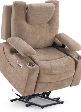 40-Inch Power Lift Recliner Chair for Seniors - Oversized 3-Motor Lift Chair with Electric Headrest, Adjustable Armrests, Heat and Massage Features for Big and Tall Individuals (Khaki)