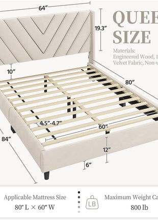Upholstered Queen Bed Frame with Winged Headboard and Wooden Slat Support - No Box Spring Required, Beige