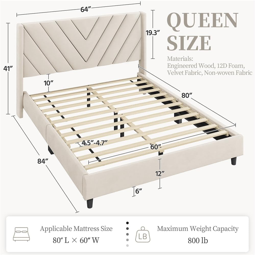 Queen Bed Frame Upholstered Platform Bed with Wing Side/Wooden Slat Support/Tufted Headboard with Wing Side/Mattress Foundation/No Box Spring Needed,Beige Queen Bed