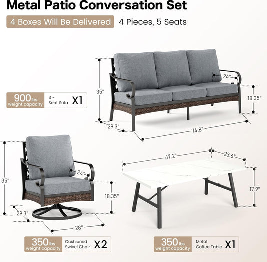 4 PCS Metal Outdoor Patio Furniture Set, Patio Conversation Sets 1 3-Seater Sofa, 2 Swivel Chairs with 5.75" Extra Thick Cushion & Coffee Table, Black Frame Backyard Furniture, Gray