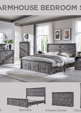 Farmhouse King Size Bed Frame with 51" Tall Headboard, Wood Platform Design, 20" Tall Roman Column Footboard, and 3 Spacious Storage Drawers - No Box Spring Required (Light Grey)