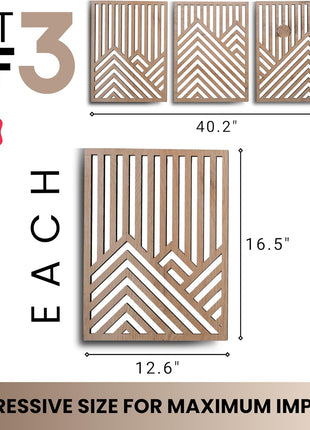 Contemporary Wooden Wall Sculptures Set of 3 - Decorative Accents for Living Room, Bedroom, and Office - Large Art Pieces with Easy Installation (Oak, Medium - Mountain and Sun)