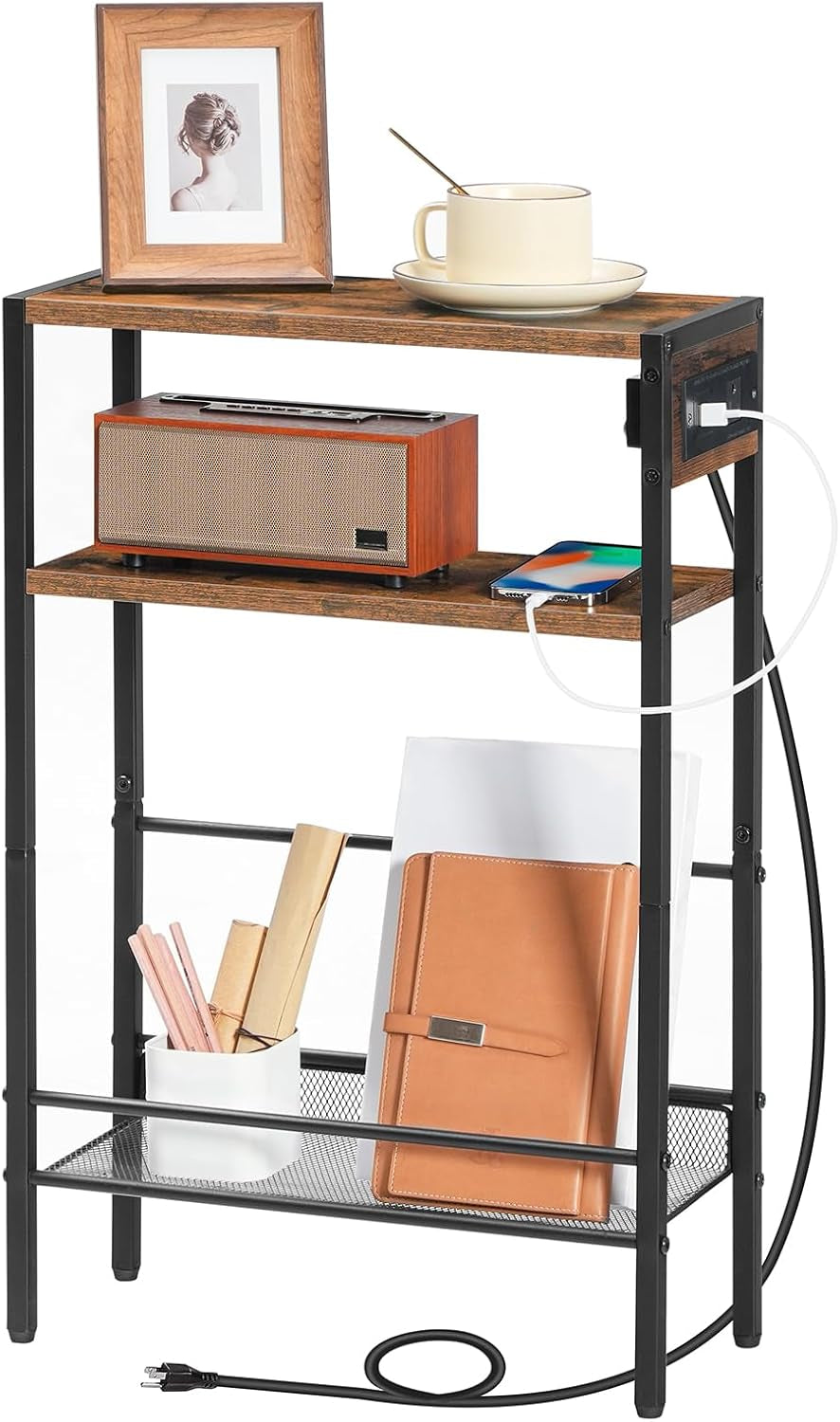 Small Narrow Side Table with Charging Station, Skinny End Table for Small Spaces, Slim Nightstand with USB Ports Outlet, Sofa beside Table with Storage Shelf, Rustic Brown and Black BF102UBZ01