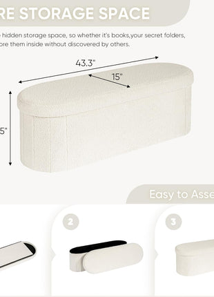 Collapsible Storage Ottoman for Living Room - Sherpa Upholstered Footrest and Bedroom Bench, 43.3 Inches, White