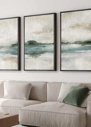 Large Framed Abstract Nature Landscape Art Set of 3 - Contemporary Canvas Prints for Living Room, Hallway, Dining Room, and Office Decor - Green Lake Artwork, 24x36 Inches