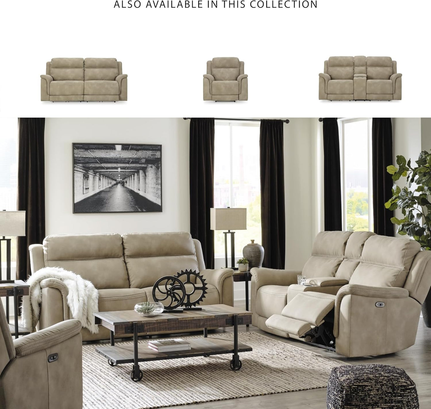 Next-Gen Durapella Power Reclining Sofa with Adjustable Headrest, USB, Extended Ottoman, Faux Leather, 80" W X 42" D X 42" H, Beige Sand