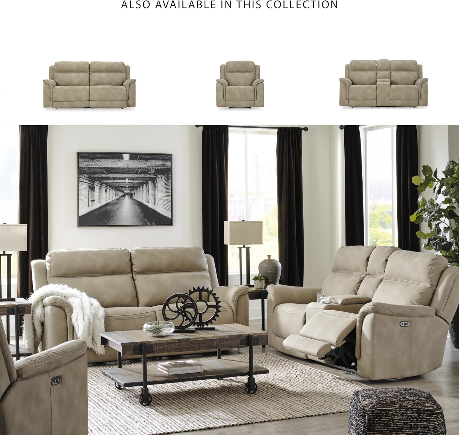 Next-Gen Durapella Power Reclining Sofa with Adjustable Headrest, USB, Extended Ottoman, Faux Leather, 80" W X 42" D X 42" H, Beige Sand