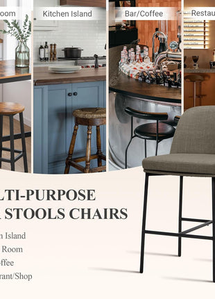 Set of 2 Contemporary 25-Inch Upholstered Counter Height Bar Stools with Back and Metal Legs for Kitchen Island and Dining Room, Brown