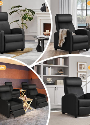 Premium PU Leather Recliner Chair with Lumbar Support, Overstuffed High-Density Foam & Pocket Springs - Push Back Recliner Armchair for Home Theater and Living Room