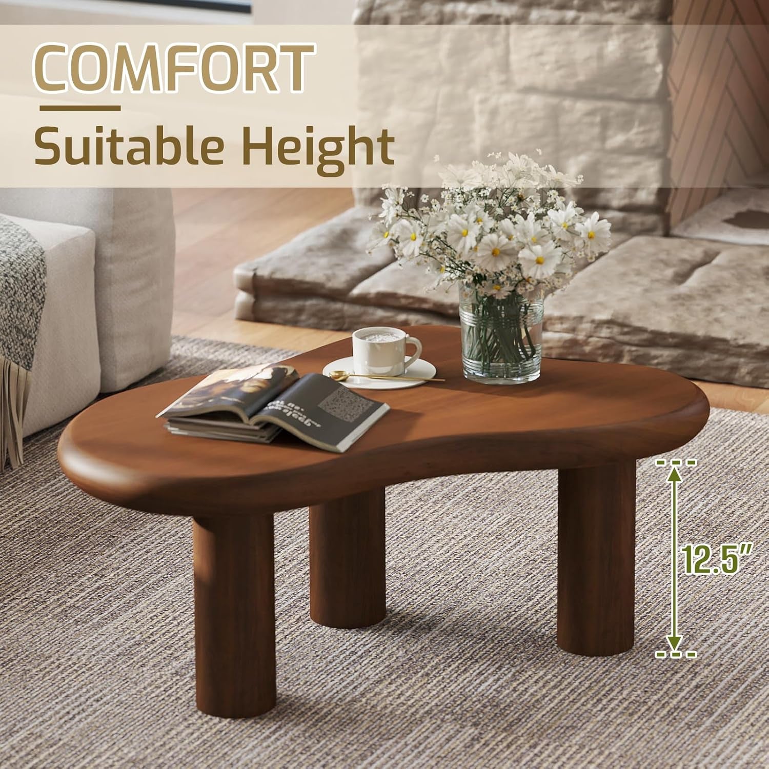 Cloud Coffee Table, Unique Design Accent Table for Living Room and Bedroom, Stylish and Functional Furniture Piece-Durable and Easy to Clean, Free Shape with 3 Legs, 33.9In, Dark Walnut