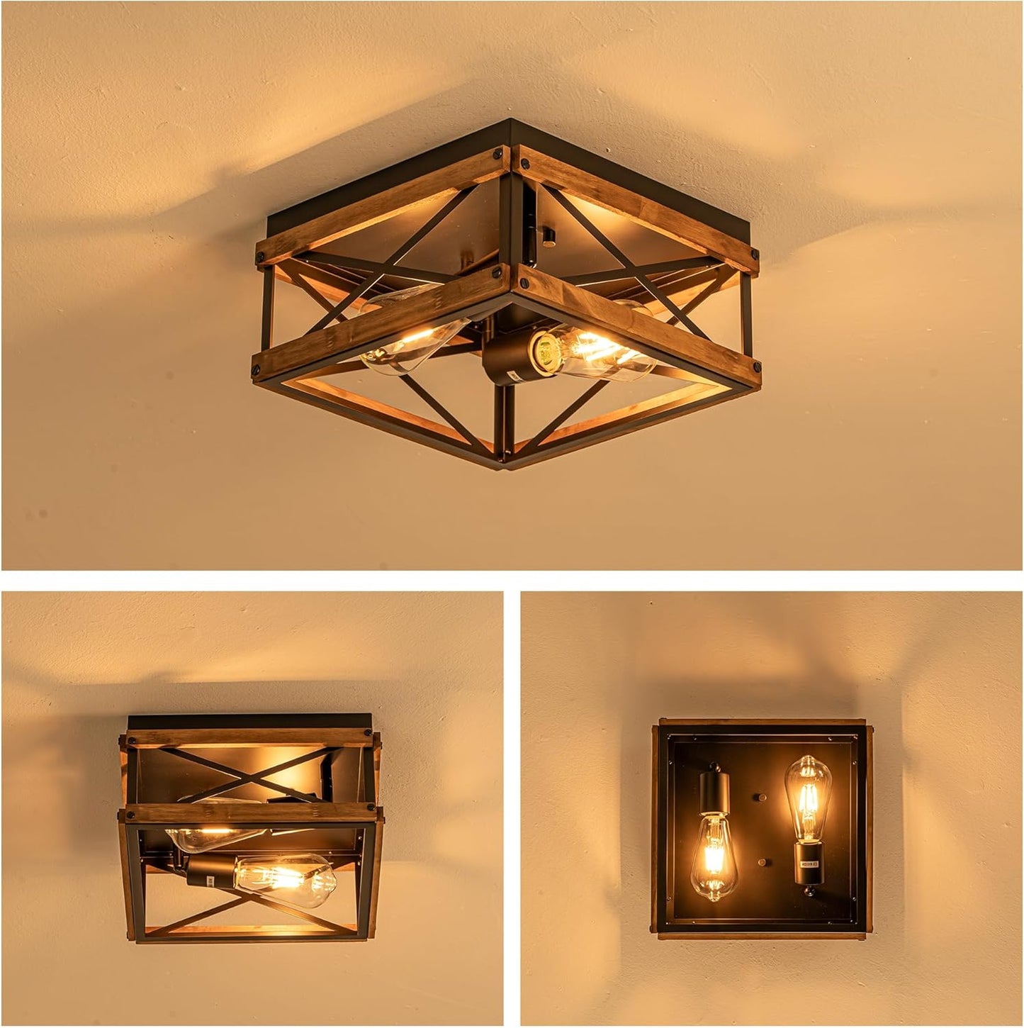 Black Flush Mount Ceiling Light, 2-Light Rustic Farmhouse Fixture with Metal & Wood Frame, Dimmable Close-To-Ceiling Lighting for Kitchen Bedroom Living Room Hallway Entryway