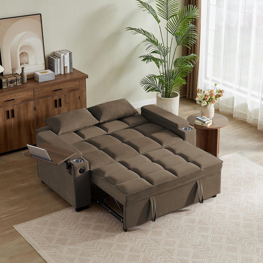 Convertible Sleeper Sofa Bed with 360° Swivel Table & USB Ports, Tufted Chenille Loveseat Pull-Out Couch with Storage Armrest & Cup Holders, 6-Level Adjustable Backrest