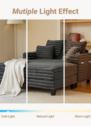 64-Inch Oversized Chaise Lounge Chair with Wooden Frame, Upholstered Sleeper Sofa Bed for Living Room, Media Room, and Bedroom, Includes 4 Storage Pockets and 2 Cup Holders (Plush Corduroy, Grey)