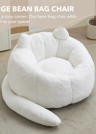 Large Cat-Shaped Bean Bag Chair - Faux Fur Upholstered Sofa for Adults with Padded Design and Cat Tail Accent, Soft Living Room Chair (White)