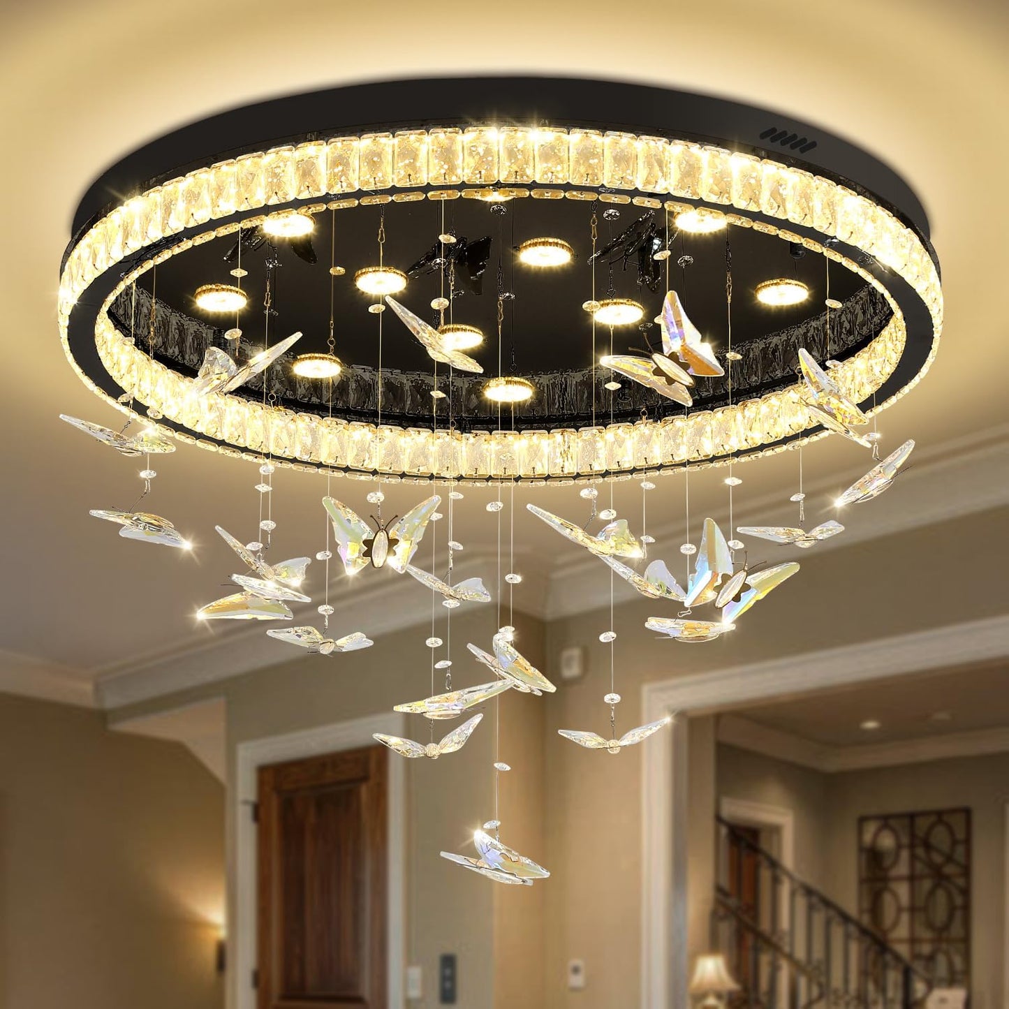 Butterfly Chandelier Black 32In Modern Crystal Raindrop Chandelier Lighting Flush Mount Ceiling Chandeliers for Living Room 12XGU10