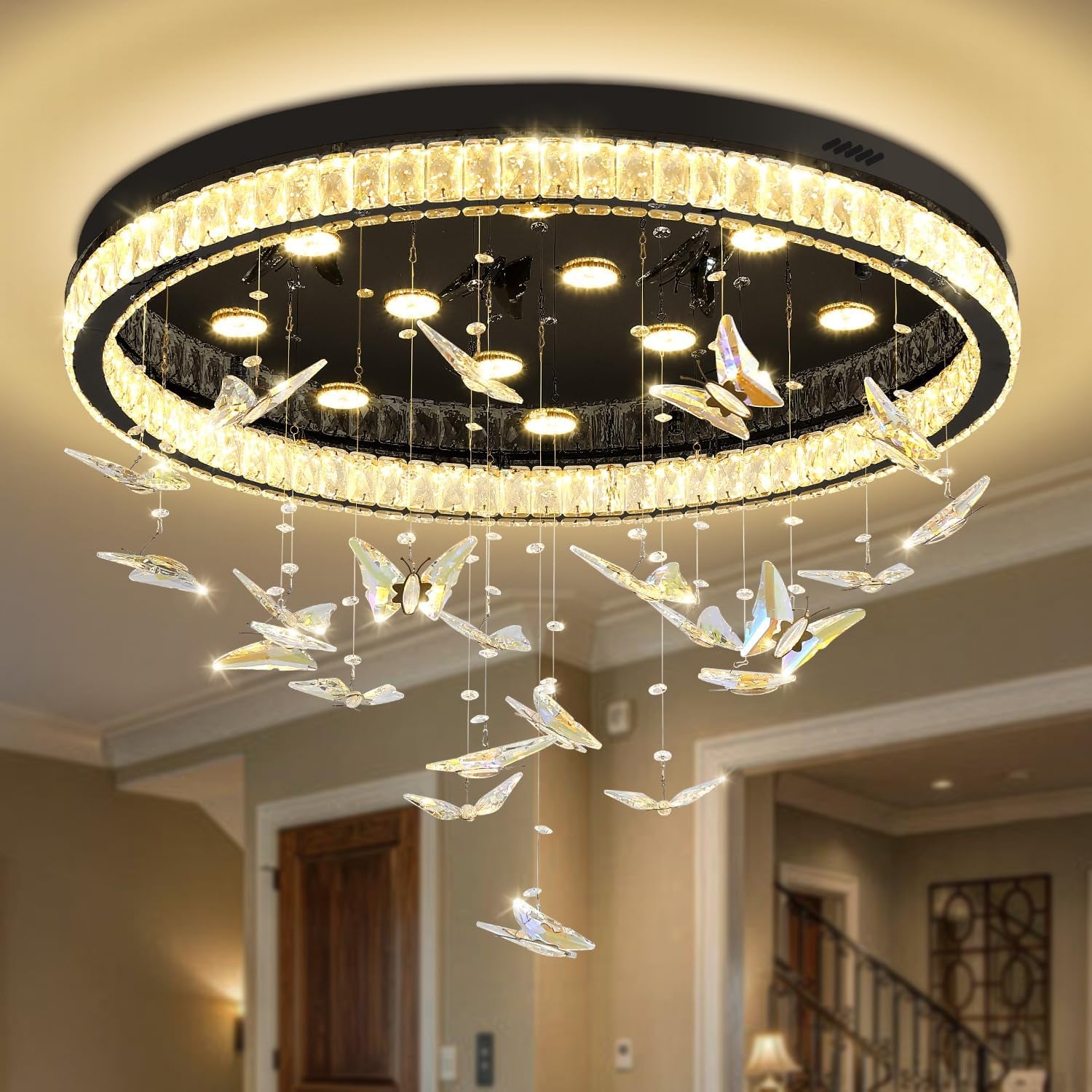 Butterfly Chandelier Black 32In Modern Crystal Raindrop Chandelier Lighting Flush Mount Ceiling Chandeliers for Living Room 12XGU10
