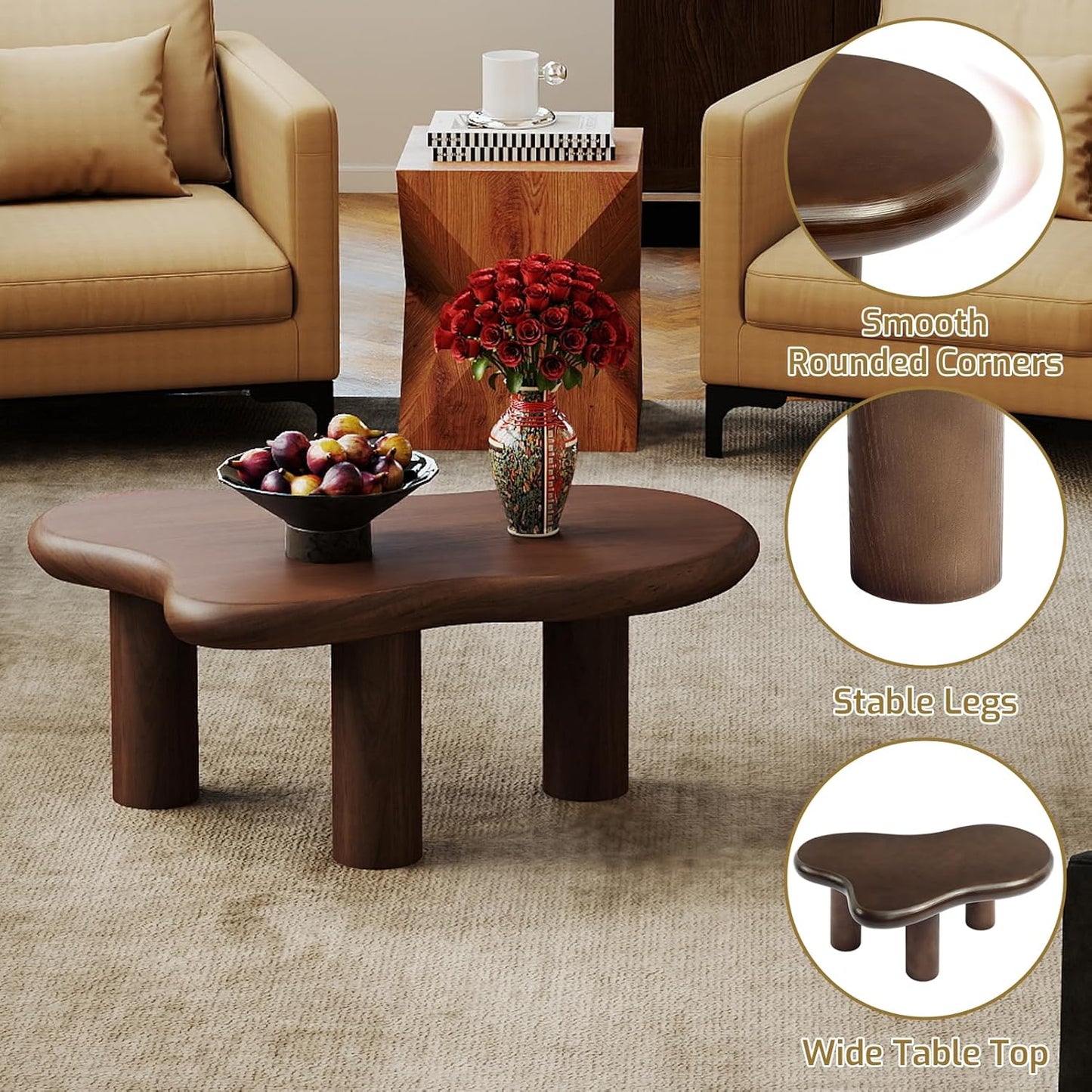 Cloud Coffee Table, Unique Design Accent Table for Living Room and Bedroom, Stylish and Functional Furniture Piece-Durable and Easy to Clean, Free Shape with 3 Legs, 33.9In, Dark Walnut