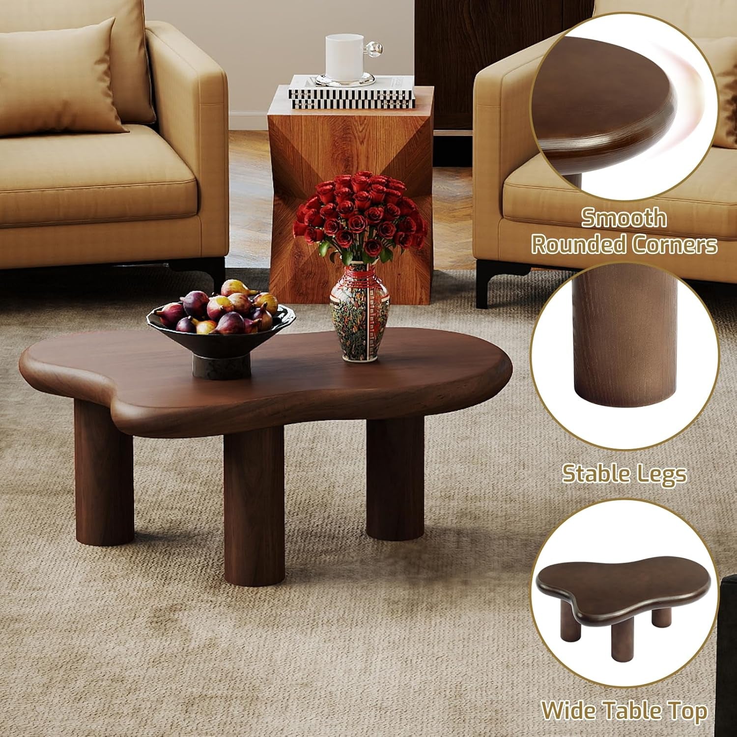 Cloud Coffee Table, Unique Design Accent Table for Living Room and Bedroom, Stylish and Functional Furniture Piece-Durable and Easy to Clean, Free Shape with 3 Legs, 33.9In, Dark Walnut