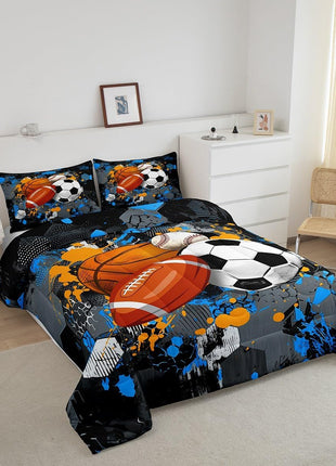 Twin Size Sports Comforter Set - Basketball and Football Bedding for Boys and Girls in Black, Grey, and Blue