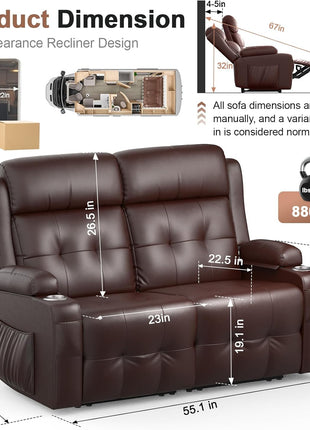 Reclining Loveseat Sofa for RV and Living Room, 55.1" Wall-Hugging Design in PU Leather with USB-A and Type-C Charging Station and Cup Holders, Dual Manual Recliners