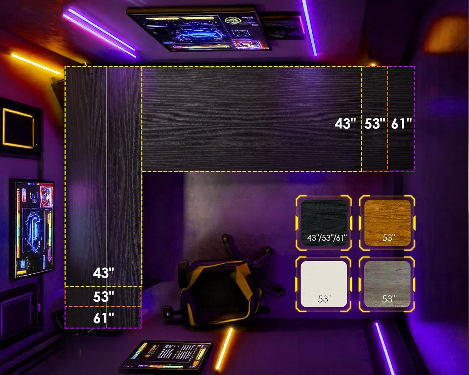 53 Inch L Shaped Desk with LED Lighting, Reversible Gaming Desk with Power Outlets, Cornor Computer Table with Storage Shelves & Bag & Iron Hook, Home Office Table for Writing, Study, Black