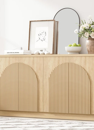 55-Inch Contemporary Mid-Century Fluted Sideboard Buffet Cabinet with Arched Reeded Doors and Adjustable Shelves in Natural Oak Finish for Living and Dining Spaces