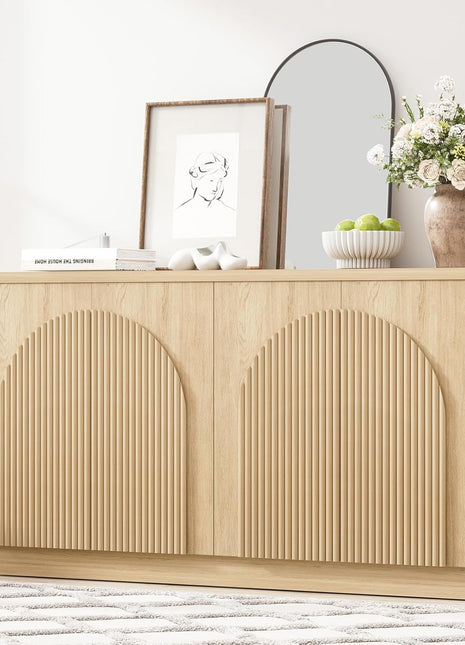 55-Inch Contemporary Mid-Century Fluted Sideboard Buffet Cabinet with Arched Reeded Doors and Adjustable Shelves in Natural Oak Finish for Living and Dining Spaces