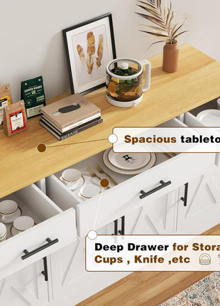 53-Inch Contemporary Farmhouse Buffet Cabinet with Storage Solutions, Adjustable Shelves, and Drawers for Kitchen and Dining Room, White Finish