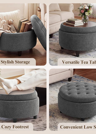 Round Fabric Storage Ottoman with Reversible Tray Lid – Versatile Footrest and Hidden Storage Solution, Durable and Elegant Small Coffee Table for Living Room, Bedroom, or Entryway (Dark Grey)