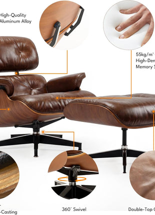 Mid-Century Modern Top Grain Leather Chaise Lounge Chair and Ottoman, Classic Accent Seating for Living Room and Office, Retro Aged Leather with Walnut Finish