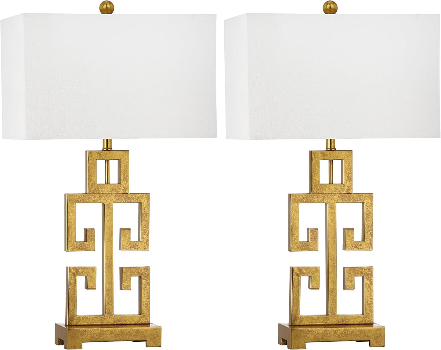 Lighting Collection – Greek Key Table Lamp Set of 2 – Antique Gold Metal Base with White Fabric Shade, LED Bulbs Included, 29-Inch Bedroom Living Room Desk Lamps (LIT4305A-SET2)