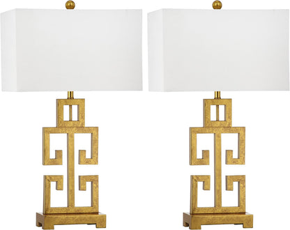 Lighting Collection – Greek Key Table Lamp Set of 2 – Antique Gold Metal Base with White Fabric Shade, LED Bulbs Included, 29-Inch Bedroom Living Room Desk Lamps (LIT4305A-SET2)