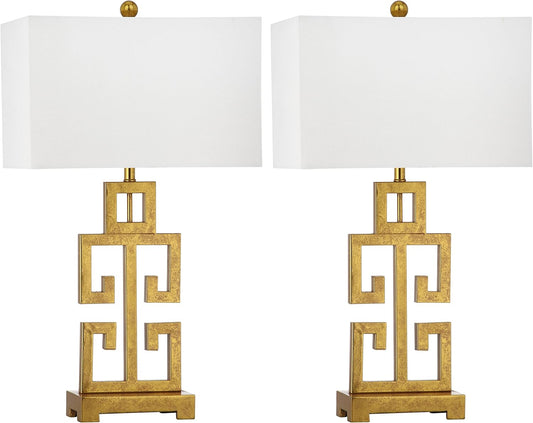 Lighting Collection – Greek Key Table Lamp Set of 2 – Antique Gold Metal Base with White Fabric Shade, LED Bulbs Included, 29-Inch Bedroom Living Room Desk Lamps (LIT4305A-SET2)