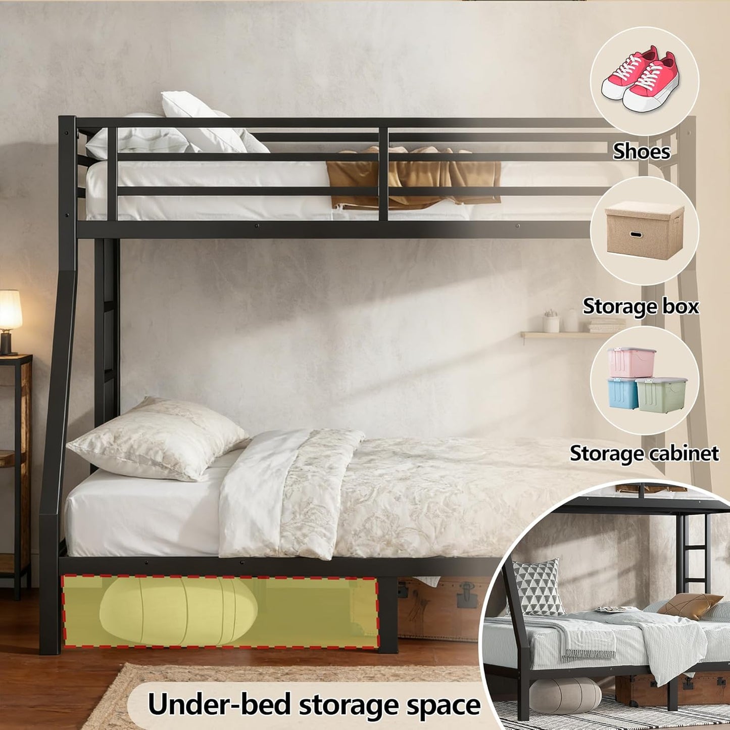 Twin over Full Bunk Bed with Ladders, Metal Bunk Beds Frame with Full-Length Guardrails, Heavy-Duty Bunkbed for Bedroom, Guest Room, Dorms, Noise-Reduce and No Spring Box Needed, Black