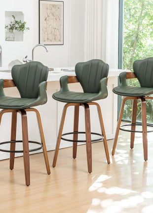 Set of 2 Mid-Century Modern 30-Inch Swivel Bar Stools with Arms, Green Faux Leather Upholstery and Walnut Wood Frame, Fishtail Back Design