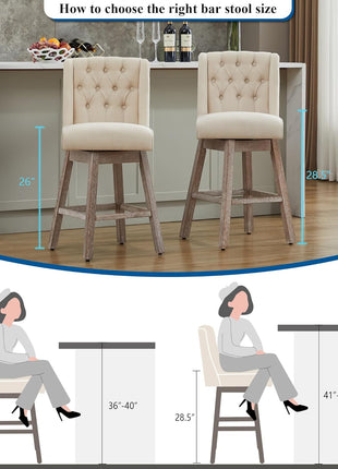 Set of 2 Contemporary 26" Swivel Bar Stools with Backrest, Linen Upholstered Counter Height Seating with Wooden Legs for Kitchen Island and Dining Area