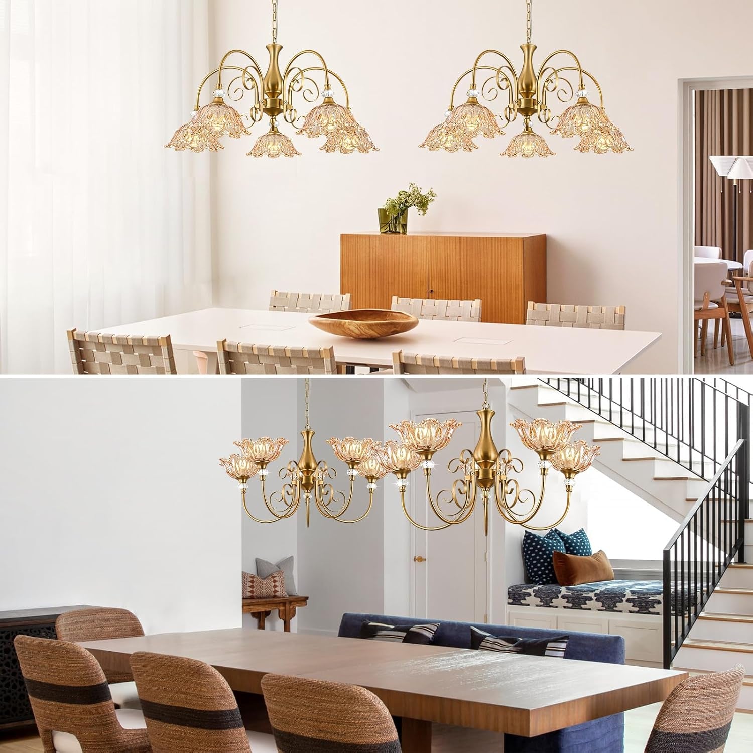 5-Light Vintage Chandeliers in Matte Brass Finish with Amber Glass Shades, Retro Chandelier Light for Dining Room,Hallway,Kitchen