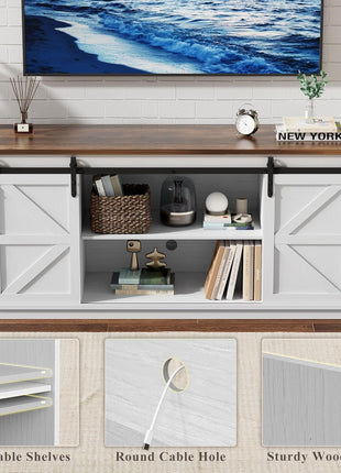 Farmhouse-Inspired TV Stand for Up to 65-Inch Televisions with Sliding Barn Doors and Storage Cabinets, 58-Inch Console Table and Media Furniture in White
