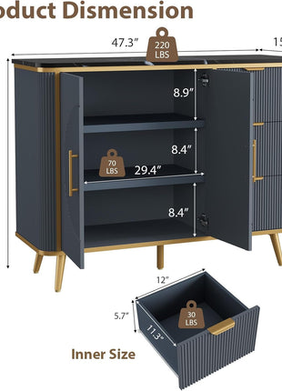 47.3" Contemporary Buffet Cabinet with Storage, Featuring 2 Doors and 3 Drawers, Fluted Design Coffee Bar Storage Solution for Dining Room, Living Room, and Entryway in Navy Blue