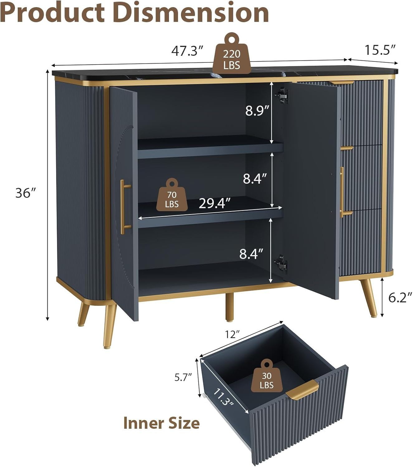 47.3" Modern Buffet Cabinet with Storage, Kitchen Sideboard Buffet with 2 Door & 3 Drawers, Fluted Caffee Bar Storage Cabinet for Dining Room, Living Room, Entryway, Navy Blue