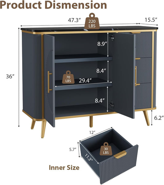 47.3" Modern Buffet Cabinet with Storage, Kitchen Sideboard Buffet with 2 Door & 3 Drawers, Fluted Caffee Bar Storage Cabinet for Dining Room, Living Room, Entryway, Navy Blue