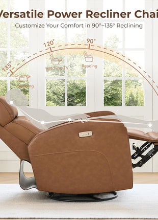 Genuine Leather Electric Power Recliner Chair for Adults, FSC Certified Swivel Glider in Camel Brown for Living Room Use