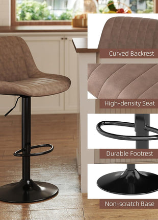 Set of 3 Adjustable Swivel Counter Height Bar Stools with Backrest, Modern Armless Design in Light Brown PU Leather